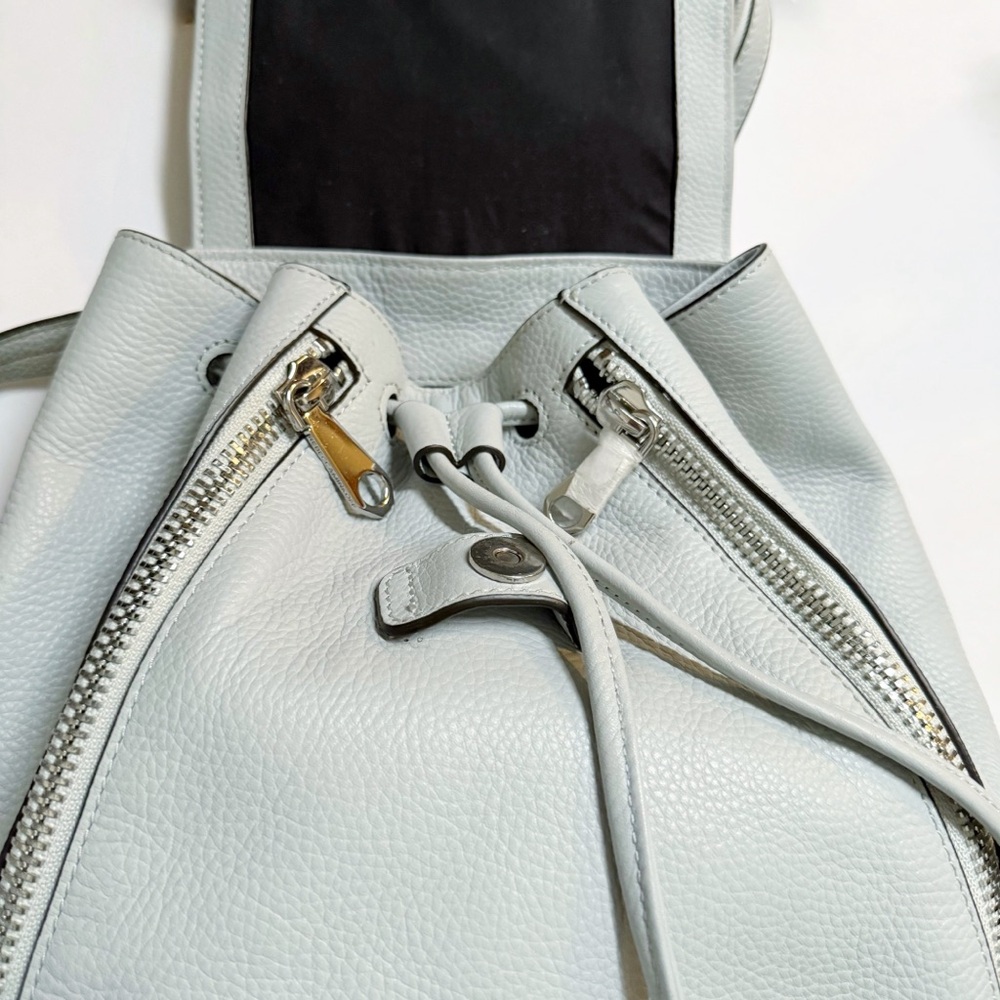REBECCA MINKOFF LIGHT BLUE LEATHER SILVER METAL ZIPPERS BACKPACK PURSE BAG - Picture 4 of 11